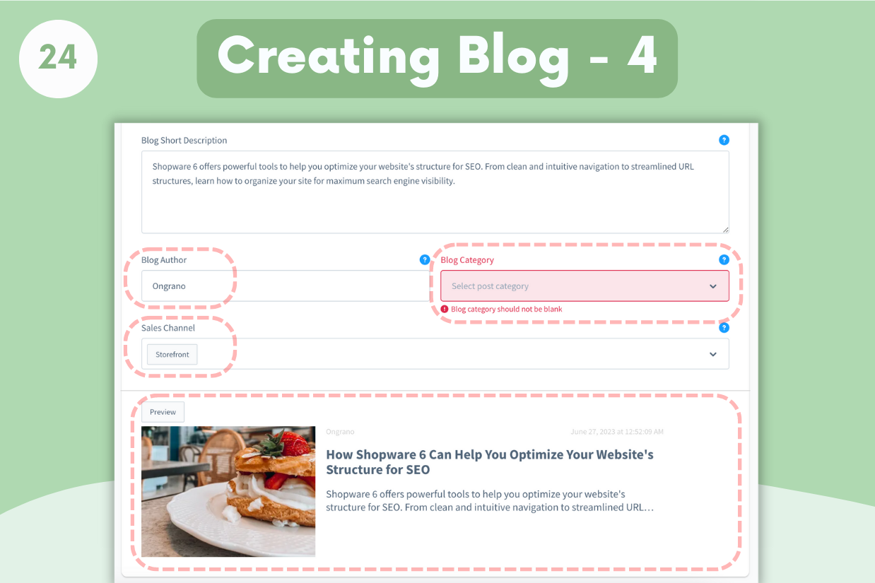 Blog Author, Blog Category, Sales Channel and Preview